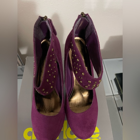 Studded Ankle strap, Zip Up Purple And Metallic Heels, Womens Size 9 - Picture 5 of 9